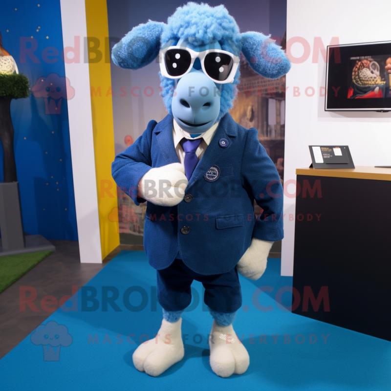 Blue Merino Sheep mascot costume character dressed with a Blazer and Pocket squares Blue Merino Sheep mascot costume character dressed with a Blazer and Pocket squares