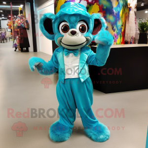 Turquoise Monkey mascot costume character dressed with a Evening Gown and Bow ties