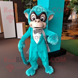 Turquoise Monkey mascot costume character dressed with a Evening Gown and Bow ties