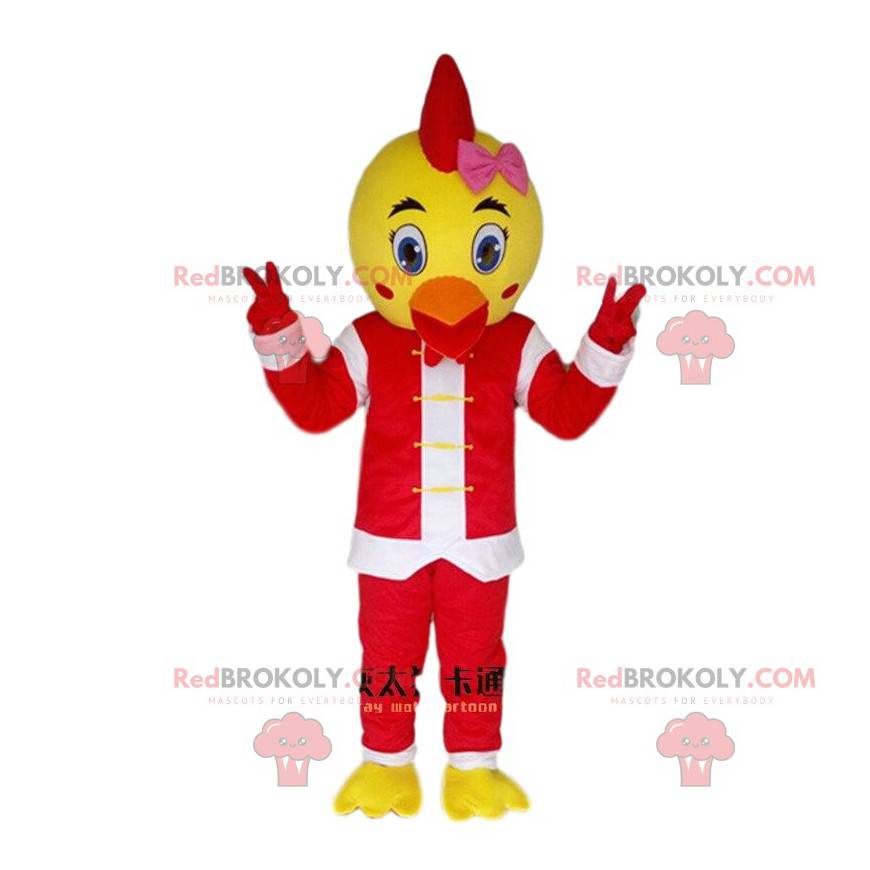 Mascot bird, chick, canary dressed as Santa Claus -