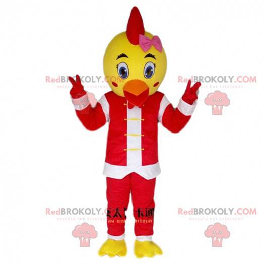 Pássaro mascote, filhote, canário vestido de Papai Noel -