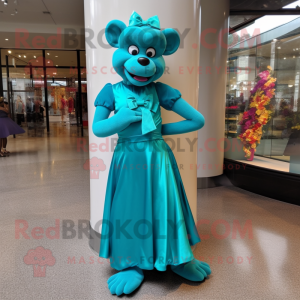 Turquoise Monkey mascot costume character dressed with a Evening Gown and Bow ties