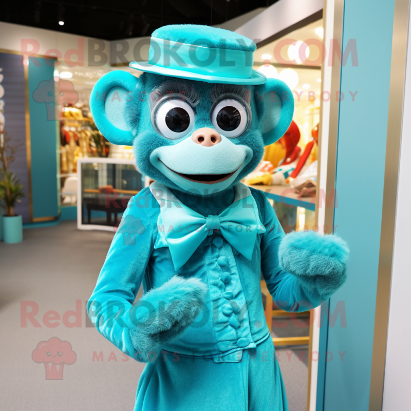 Turquoise Monkey mascot costume character dressed with a Evening Gown and Bow ties