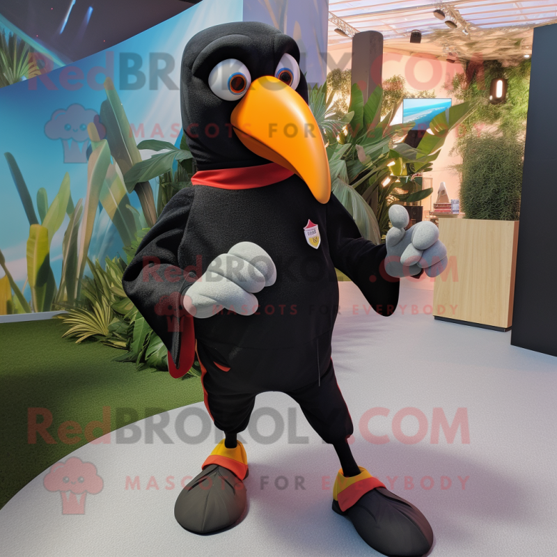 Black Toucan mascot costume character dressed with a Joggers and Brooches