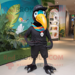 Black Toucan mascot costume character dressed with a Joggers and Brooches