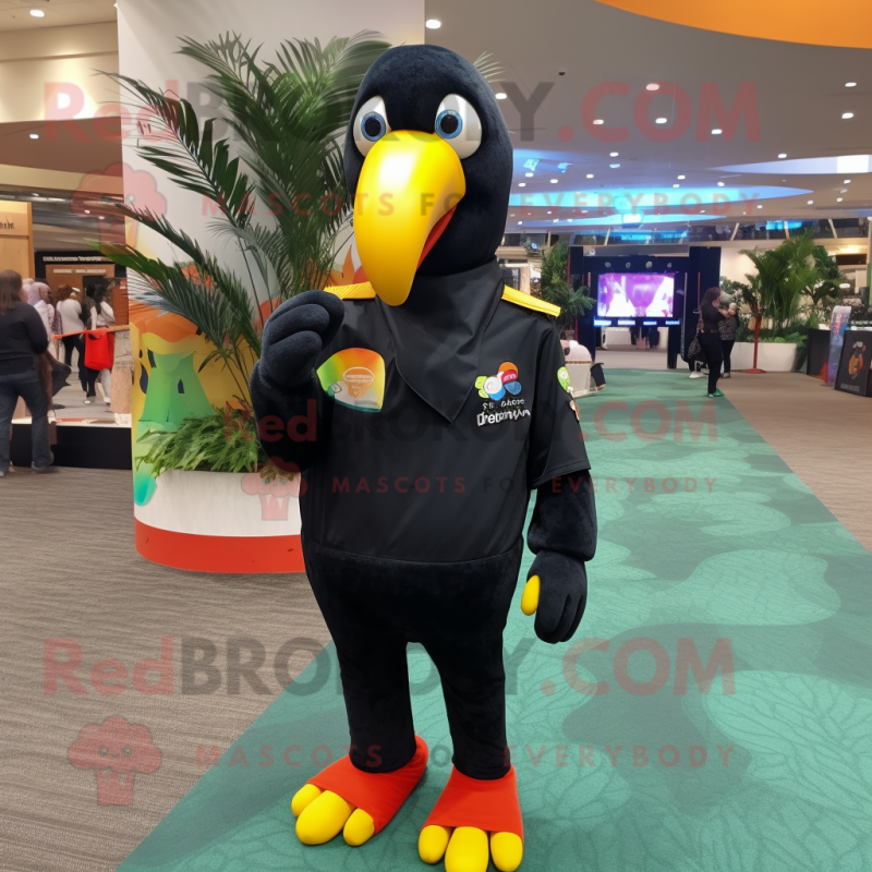 Black Toucan mascot costume character dressed with a Joggers and Brooches