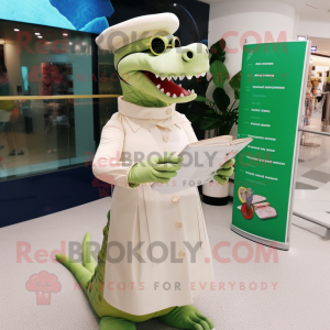 Cream Crocodile mascot costume character dressed with a Empire Waist Dress and Reading glasses