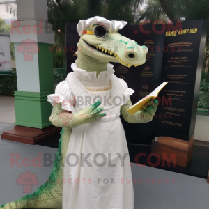 Cream Crocodile mascot costume character dressed with a Empire Waist Dress and Reading glasses