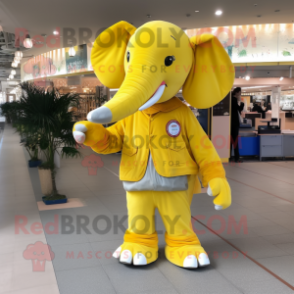 Yellow Elephant mascot costume character dressed with a Corduroy Pants and Coin purses