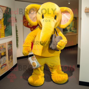 Yellow Elephant mascot costume character dressed with a Corduroy Pants and Coin purses