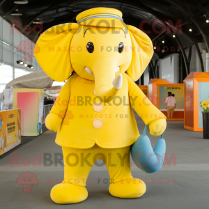 Yellow Elephant mascot costume character dressed with a Corduroy Pants and Coin purses