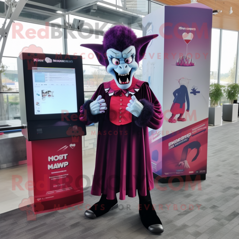 Magenta Vampire mascot costume character dressed with a Dress Shirt and Earrings Magenta Vampire mascot costume character dressed with a Dress Shirt and Earrings