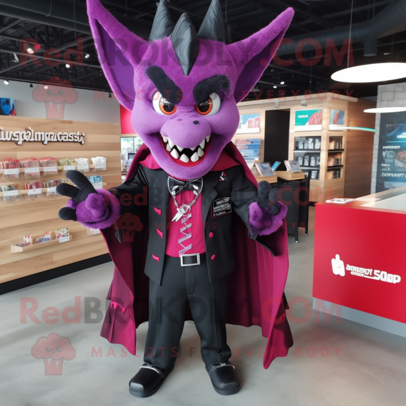 Magenta Vampire mascot costume character dressed with a Dress Shirt and Earrings