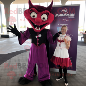 Magenta Vampire mascot costume character dressed with a Dress Shirt and Earrings