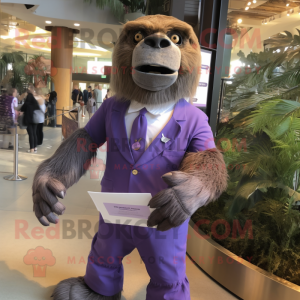 Purple Giant Sloth mascot costume character dressed with a Poplin Shirt and Ties
