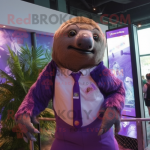 Purple Giant Sloth mascot costume character dressed with a Poplin Shirt and Ties