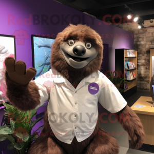 Purple Giant Sloth mascot costume character dressed with a Poplin Shirt and Ties