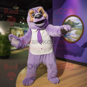 Purple Giant Sloth mascot costume character dressed with a Poplin Shirt and Ties