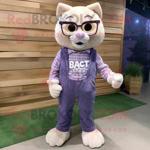 Lavender Bobcat mascot costume character dressed with a Corduroy Pants and Eyeglasses