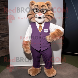 Lavender Bobcat mascot costume character dressed with a Corduroy Pants and Eyeglasses