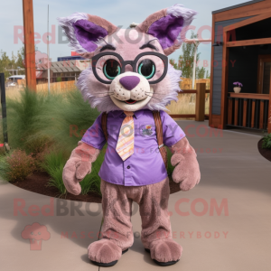 Lavender Bobcat mascot costume character dressed with a Corduroy Pants and Eyeglasses