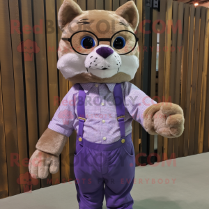 Lavender Bobcat mascot costume character dressed with a Corduroy Pants and Eyeglasses