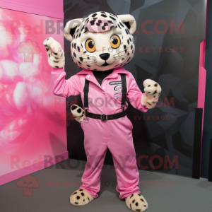 Pink Leopard mascot costume character dressed with a Dungarees and Belts