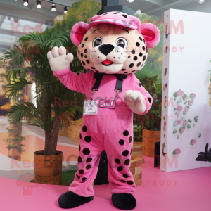 Pink Leopard mascot costume character dressed with a Dungarees and Belts