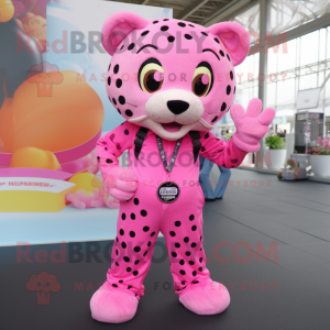 Pink Leopard mascot costume character dressed with a Dungarees and Belts