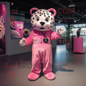 Pink Leopard mascot costume character dressed with a Dungarees and Belts