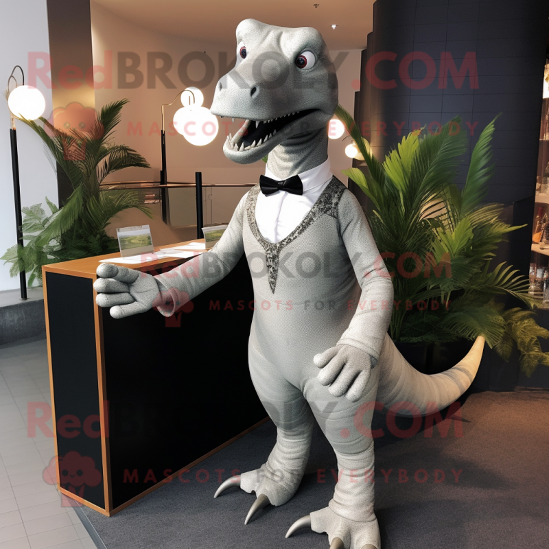 Silver Diplodocus mascot costume character dressed with a Suit Pants and Hair clips