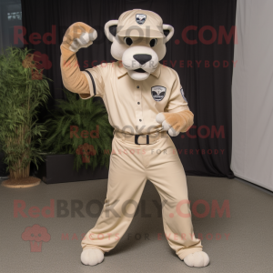 Beige Panther mascot costume character dressed with a Joggers and Caps