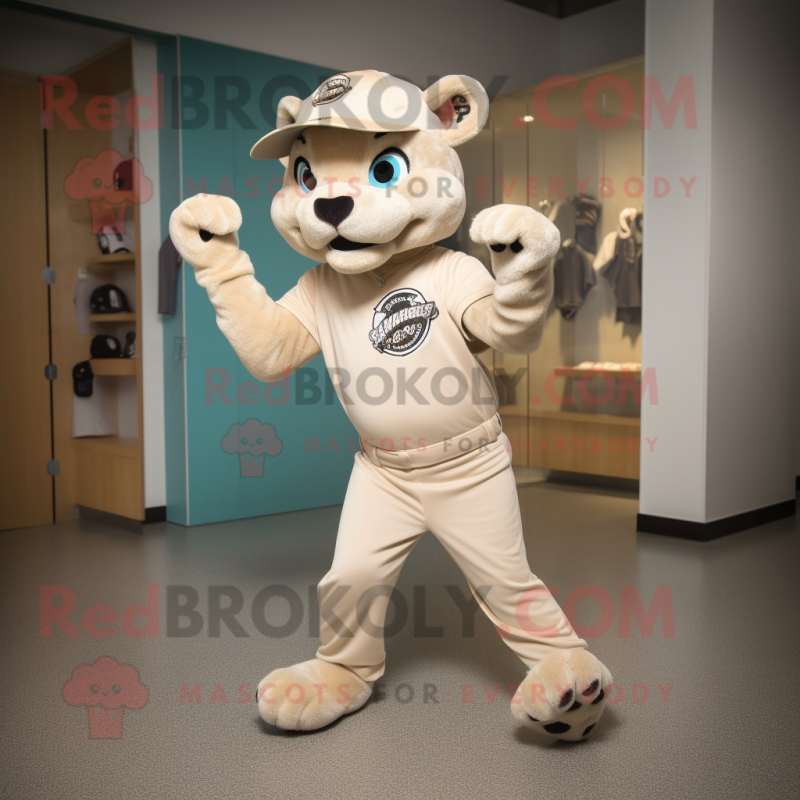 Beige Panther mascot costume character dressed with a Joggers and Caps