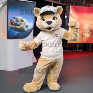 Beige Panther mascot costume character dressed with a Joggers and Caps