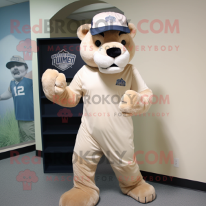 Beige Panther mascot costume character dressed with a Joggers and Caps