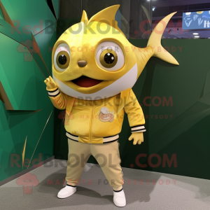 Gold Tuna mascot costume character dressed with a Long Sleeve Tee and Clutch bags