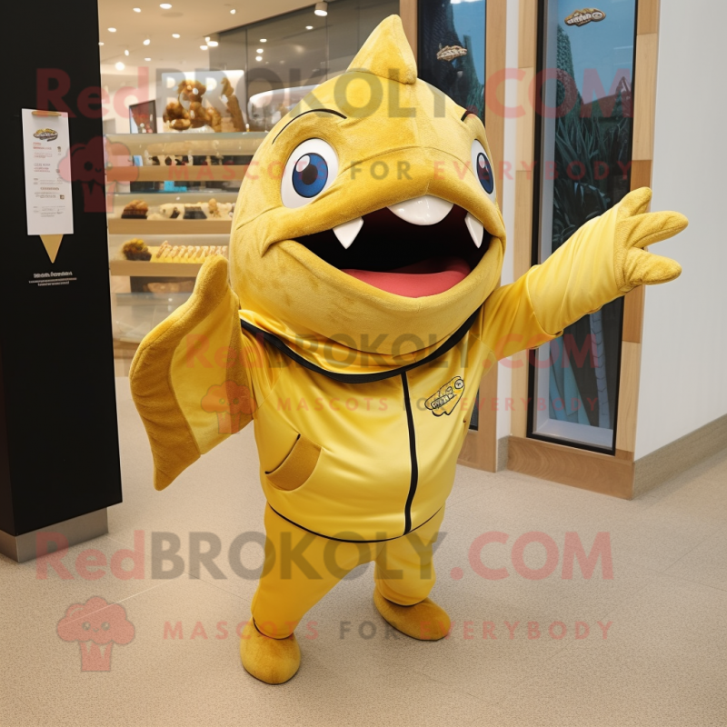 Gold Tuna mascot costume character dressed with a Long Sleeve Tee and Clutch bags