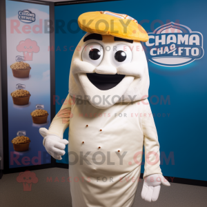 Cream Fish And Chips mascot costume character dressed with a Graphic Tee and Beanies