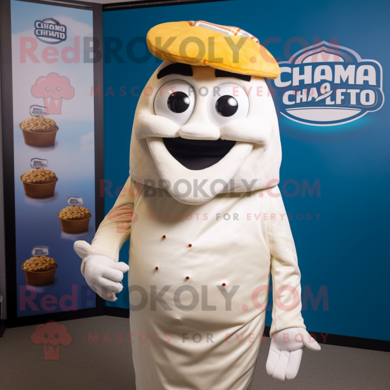 Cream Fish And Chips mascot costume character dressed with a Graphic Tee and Beanies