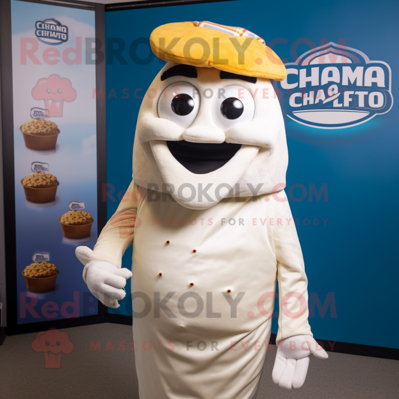 Cream Fish And Chips mascot costume character dressed with a Graphic Tee and Beanies Cream Fish And Chips mascot costume character dressed with a Graphic Tee and Beanies