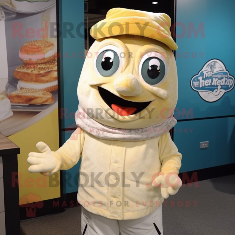 Cream Fish And Chips mascot costume character dressed with a Graphic Tee and Beanies Cream Fish And Chips mascot costume character dressed with a Graphic Tee and Beanies