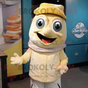 Cream Fish And Chips mascot costume character dressed with a Graphic Tee and Beanies