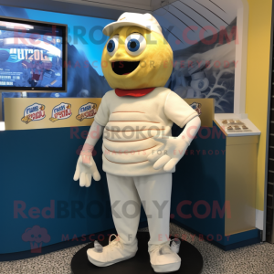 Cream Fish And Chips mascot costume character dressed with a Graphic Tee and Beanies