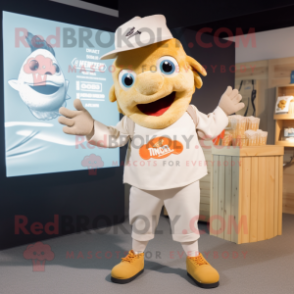 Cream Fish And Chips mascot costume character dressed with a Graphic Tee and Beanies