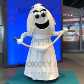 White Spaghetti mascot costume character dressed with a Mini Skirt and Shawl pins