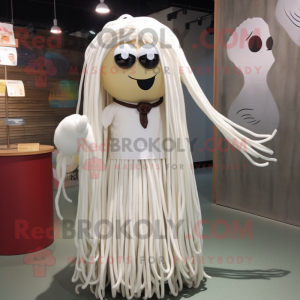 White Spaghetti mascot costume character dressed with a Mini Skirt and Shawl pins