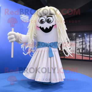White Spaghetti mascot costume character dressed with a Mini Skirt and Shawl pins
