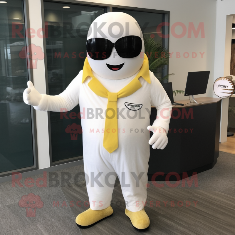 Cream Attorney mascot costume character dressed with a Jumpsuit and Sunglasses Cream Attorney mascot costume character dressed with a Jumpsuit and Sunglasses