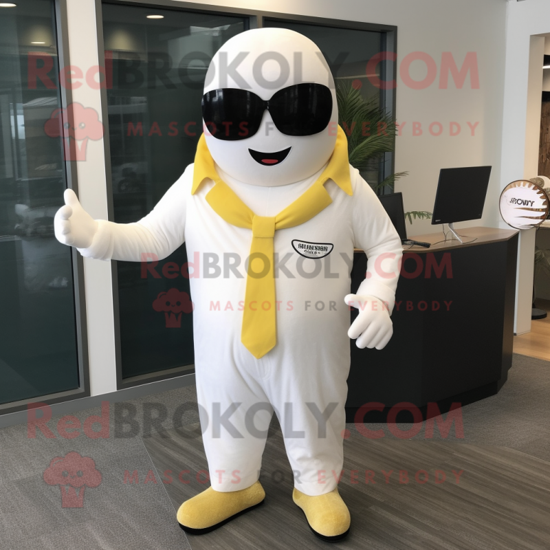 Cream Attorney mascot costume character dressed with a Jumpsuit and Sunglasses