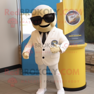 Cream Attorney mascot costume character dressed with a Jumpsuit and Sunglasses